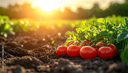 A sunlit garden field showcasing ripe tomatoes nestled in rich soil and green foliage