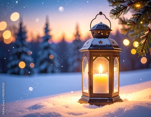 Glowing lantern with candle on snowy ground in a winter forest