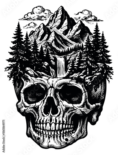 Hand drawn line art illustration of a skull depicting a mountain landscape with trees and a waterfall for conceptual design
