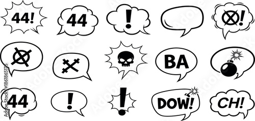 Collection of black and white comic speech bubbles and symbols on a plain white background