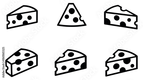 Line art cheese set featuring various cheese wedges with holes for food and dairy concepts