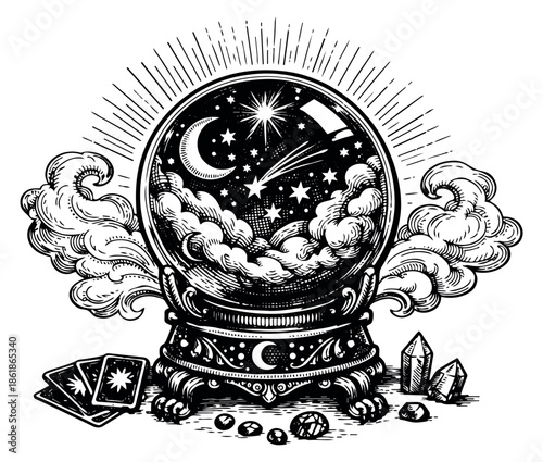 Line art illustration of a crystal ball depicting a celestial scene with tarot cards and crystals for fortune telling