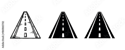 Three stylized road icons: vintage, minimalist, bold contrast