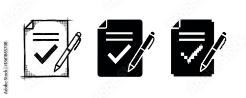 Check mark document with pen icons in different styles