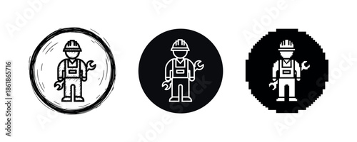 Worker icon variations: sketch, solid, pixel art with wrench and hard hat