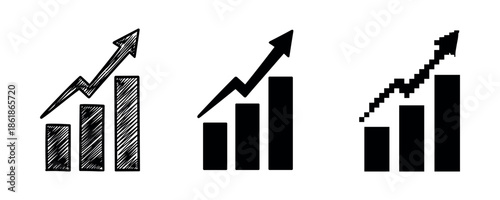 Stylized graphs with upward arrows and bar charts indicating growth