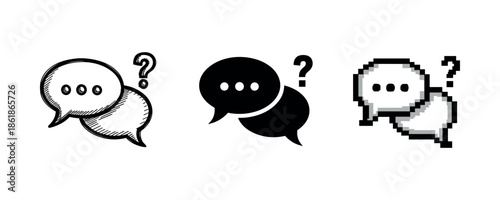 Three speech bubble icons in sketch, solid, and pixel art styles