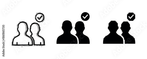 Three styles of double person icons with check marks in sketch, solid, and pixel