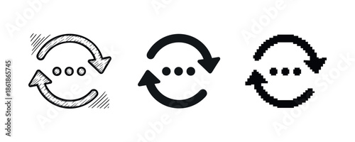 Various styles of sync icons: sketch, solid, pixel art designs