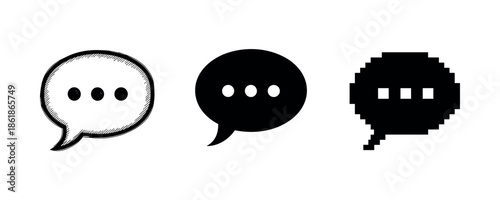 Three distinct speech bubbles: sketch, solid, and pixel art styles on white background