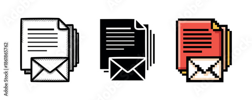 Set of document and envelope icons in different styles: outline, solid, pixel art