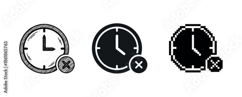Set of three clock icons with cancel symbol in sketch, solid, and pixel styles