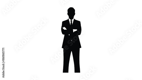 Black silhouette of a man in a suit with folded arms