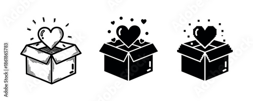 Heart symbols emerging from boxes: hand-drawn, pixel, and modern styles