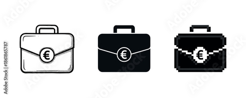 Set of briefcases with euro symbol in sketch, solid, and pixel styles