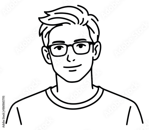 Line art illustration of a young man with glasses depicting a friendly expression for avatar and profile design