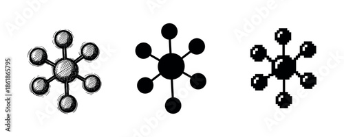 Triple icons: vintage sketch, modern silhouette, pixelated design of circular structures