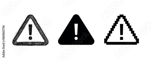 Warning sign trio with exclamation marks in sketch, solid, and pixelated styles