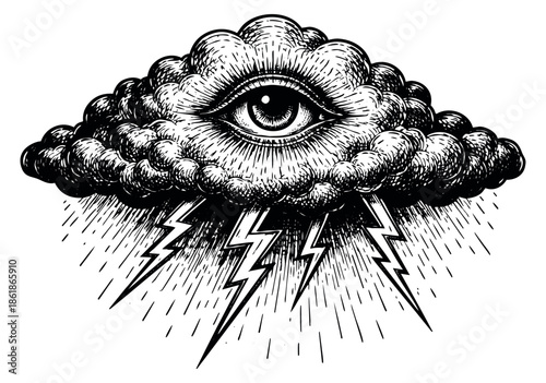 Hand drawn illustration of an all-seeing eye in a cloud depicting lightning and rain for mystical and spiritual designs