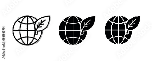 Eco-friendly global icons: hand-drawn, solid, and pixel art styles