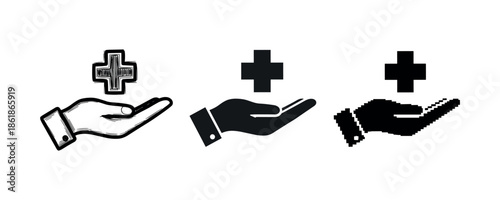 Healthcare icon evolution: hand with medical cross in sketch, silhouette, and pixel styles