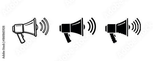 Set of three megaphone icons in different art styles