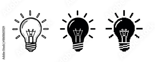 Three light bulb illustrations: hand-drawn, solid, pixel art styles