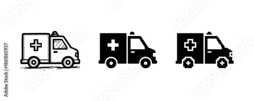 Three ambulance icons in vintage and modern black and white styles
