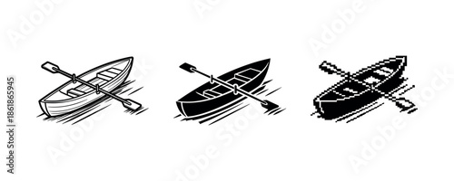 Set of three stylized canoe icons: outline, silhouette, pixelated