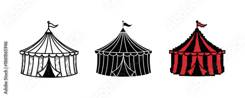 Three circus tents: black, white, and red designs in a row