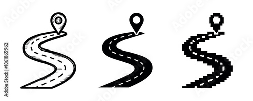 Comparison of road designs: hand-drawn, digital, and pixel art styles