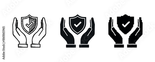 Hands holding shield icon in various artistic styles