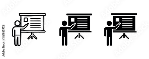 Simple presentation icons featuring figures and flipcharts in black and white