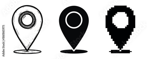 Evolution of map pin icons: hand-drawn, modern, and pixelated designs