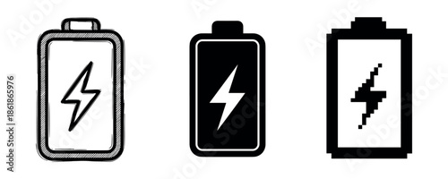 Three battery icons with lightning symbols in sketch, solid, and pixel art styles