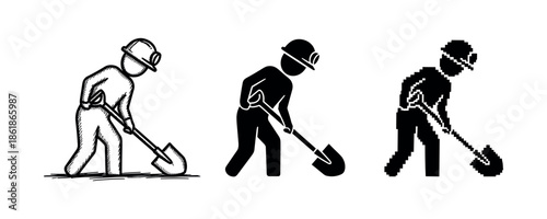 Silhouette drawings of workers with shovels in vector, sketch, and pixel art styles