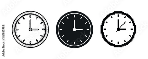 Analog clock faces in sketch, solid, and pixel art styles