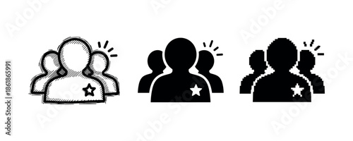 Three styles of group icons featuring star emblems: scribble, solid, pixelated