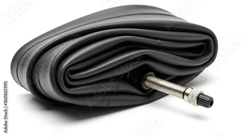 Black Bicycle Inner Tube with Metal Valve Stem on White rubber