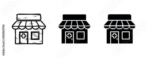 Set of three stylized pharmacy storefront icons with awnings