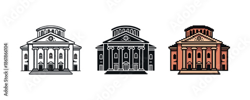 Trio of iconic classical buildings in monochrome, duotone, and pixel art styles