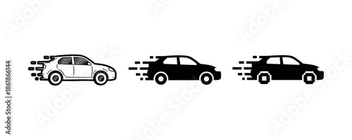 Set of three stylized fast cars in motion with speed lines