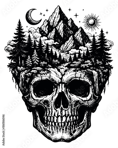 Hand drawn line art illustration of a skull depicting a mountain and forest landscape with celestial elements for mystical and nature themes