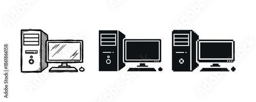 Illustration of desktop computer setups in various artistic styles