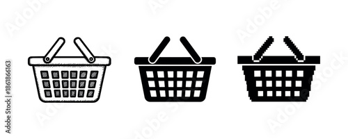 Set of shopping basket icons in sketch, solid, and pixel art styles