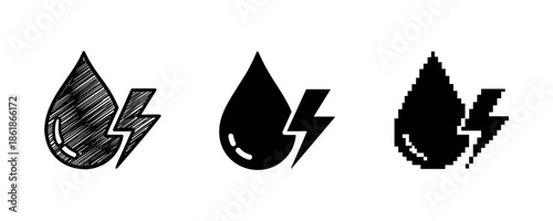 Three energy water drop icons: sketch, solid, pixel styles