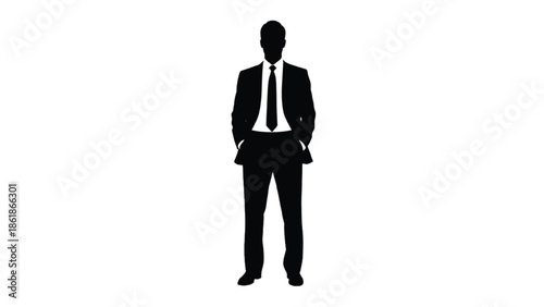 Silhouette of a businessman standing with hands in pockets on white background