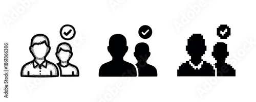 Vector illustrations of male icons with check marks in three styles