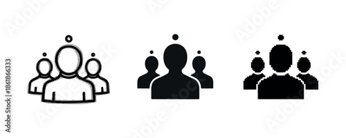 Monochrome icons of groups: varied styles of human figures