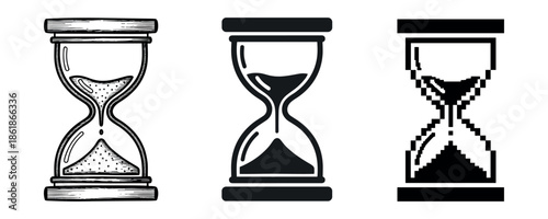 Three styles of hourglass illustrations: vintage, minimalist, pixel art